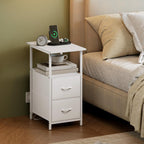 Somdot End Table with Charging Station, Narrow Side Table with 2 Fabric Drawers, Skinny Nightstand with Storage, Small Slim Bedside Table for Living Room, Sofa, Bedroom, Couch, White Leather