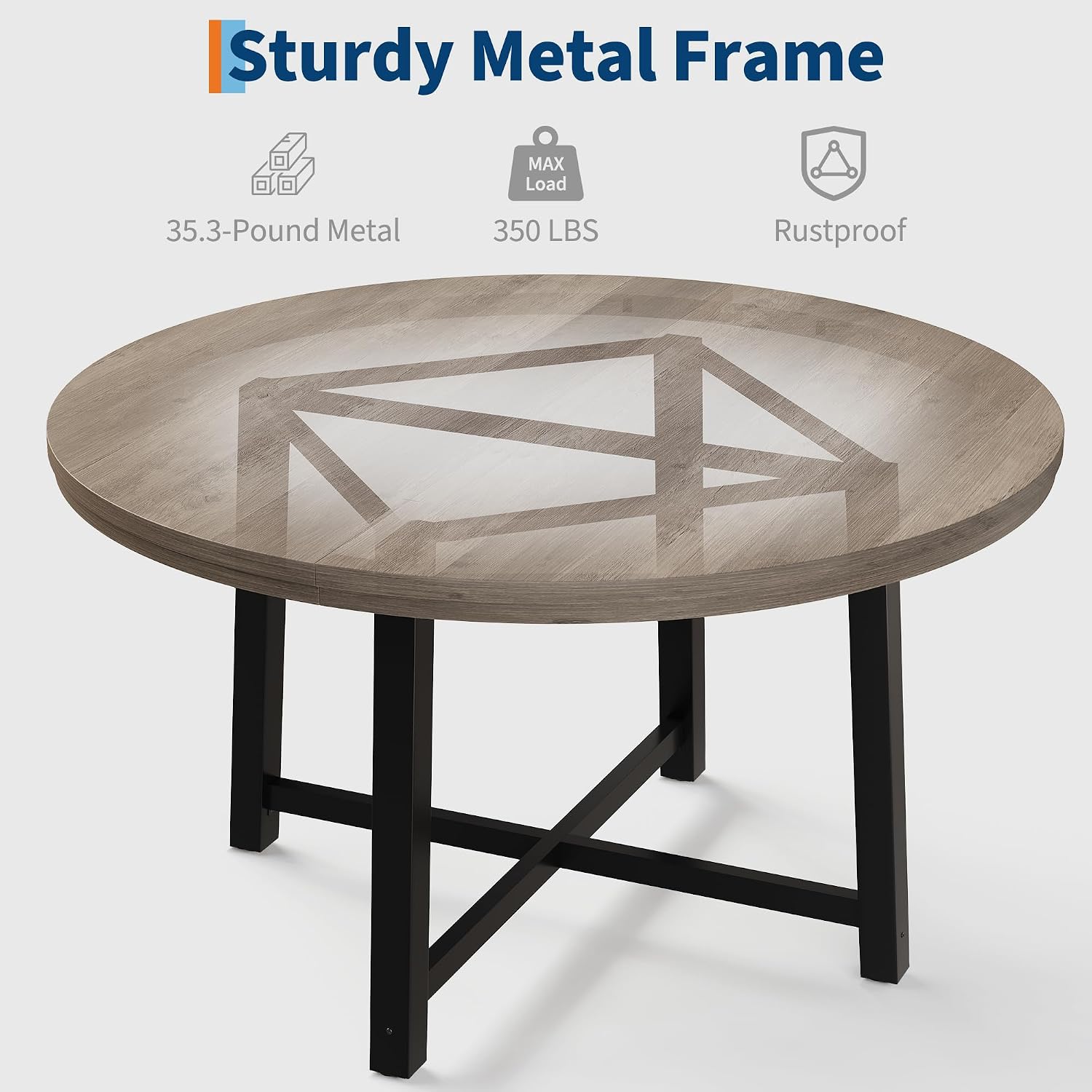 47 Inch Round Dining Table for 4-6 People, Modern Kitchen Table with Wood Metal Industrial Design, Circle Diner Table for Small Space Home Kitchen-Rustic Grey