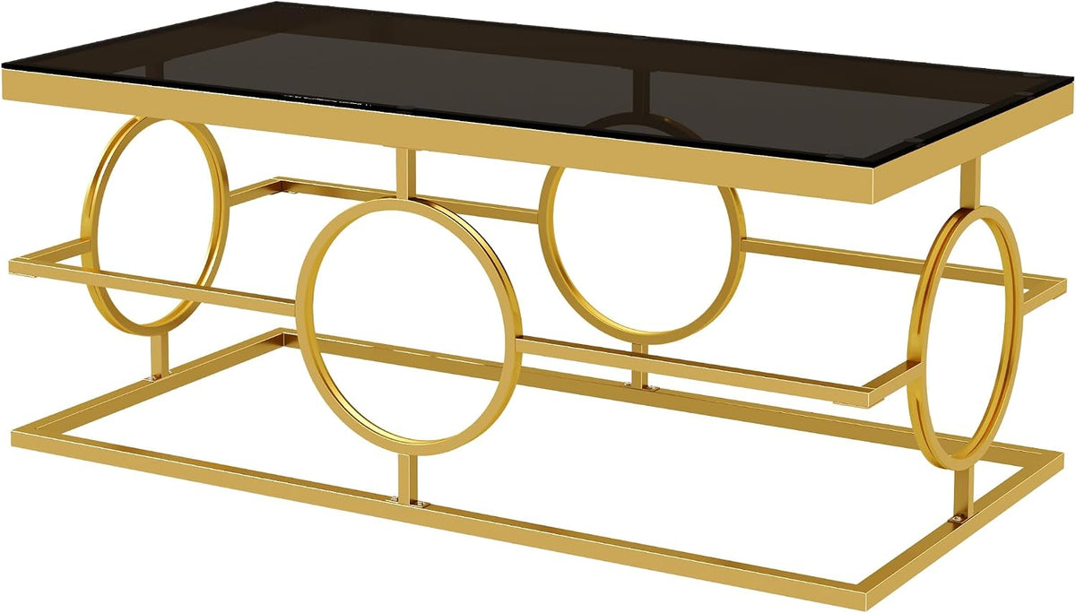 Glass Nesting Coffee Table Set with Metal Frame & Glam Design, Gold & Black | Modern Round Cocktail Center Table with Tempered Glass, Luxury for Living Room & Home Decor