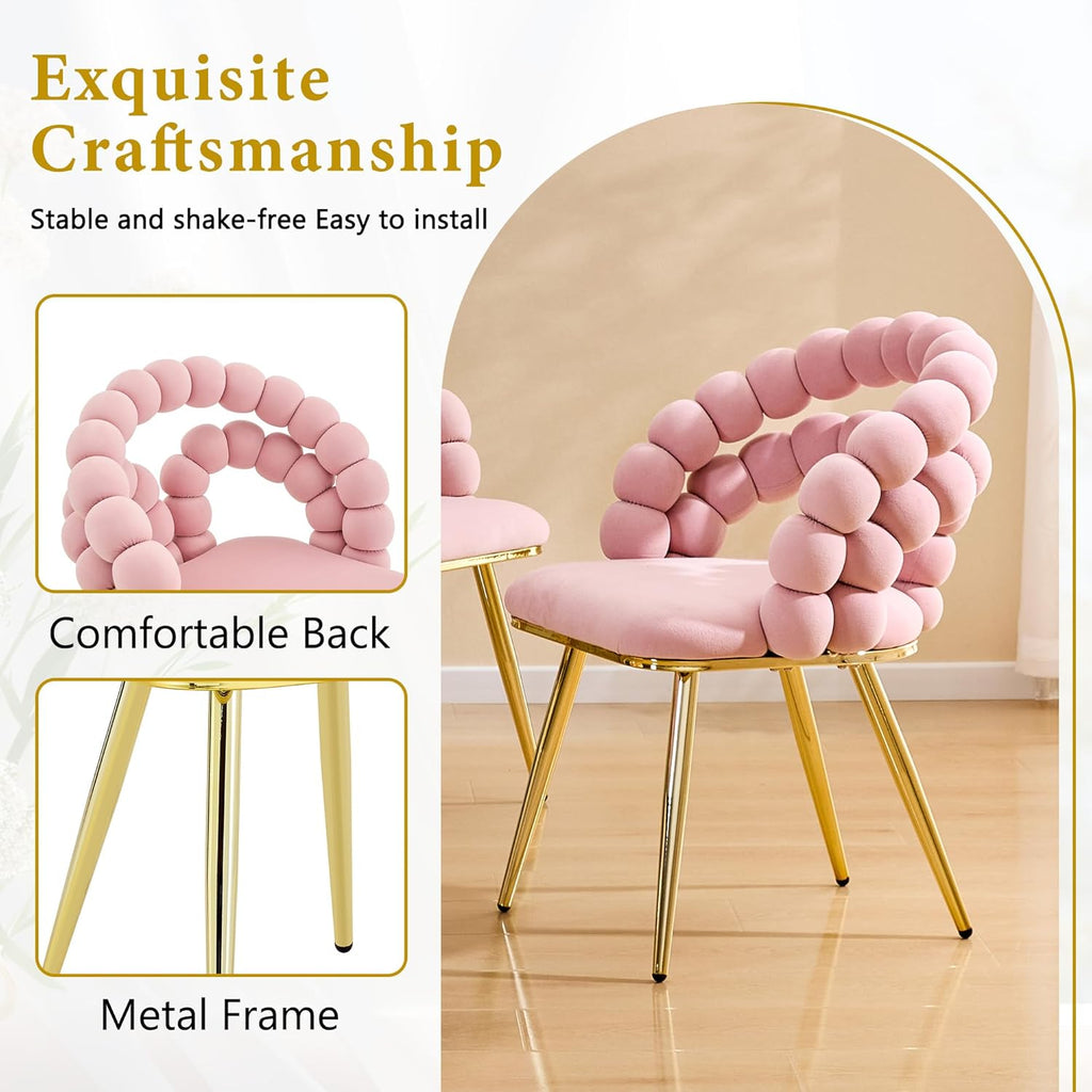 TesNus Velvet Dining Chairs Set of 4, Pink Upholstered Velvet Chairs with Gold Metal Legs, Modern Armchairs with Curved Backrest for Dining Room, Living Room, or Makeup Vanity