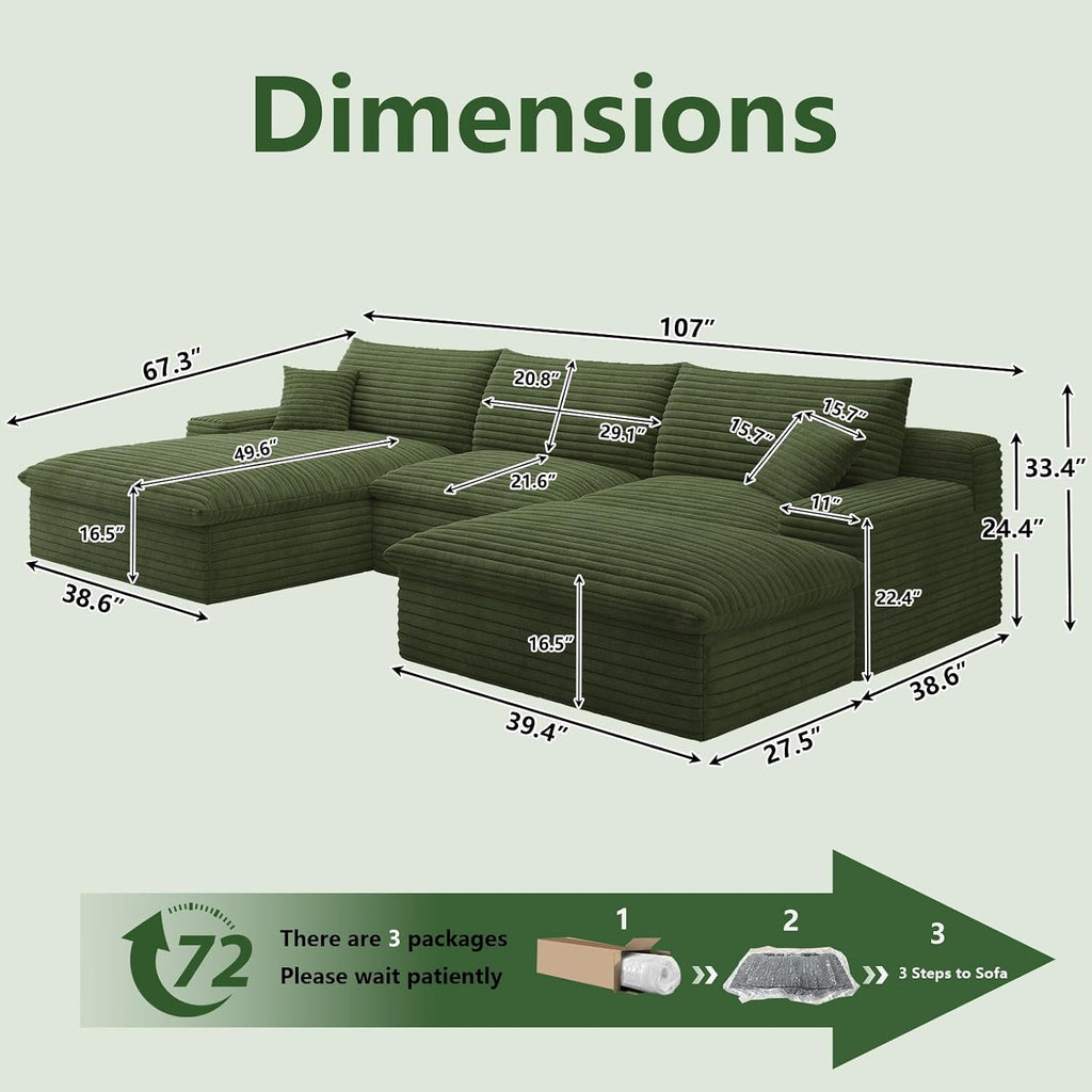 107" Cloud Couch Modular Sectional Sofa for Living Room, U-Shape Couch with Deep Seat, Modern Corduroy 3-Seater with Ottoman, No Assembly Required (Green,Left-Facing Chaise)