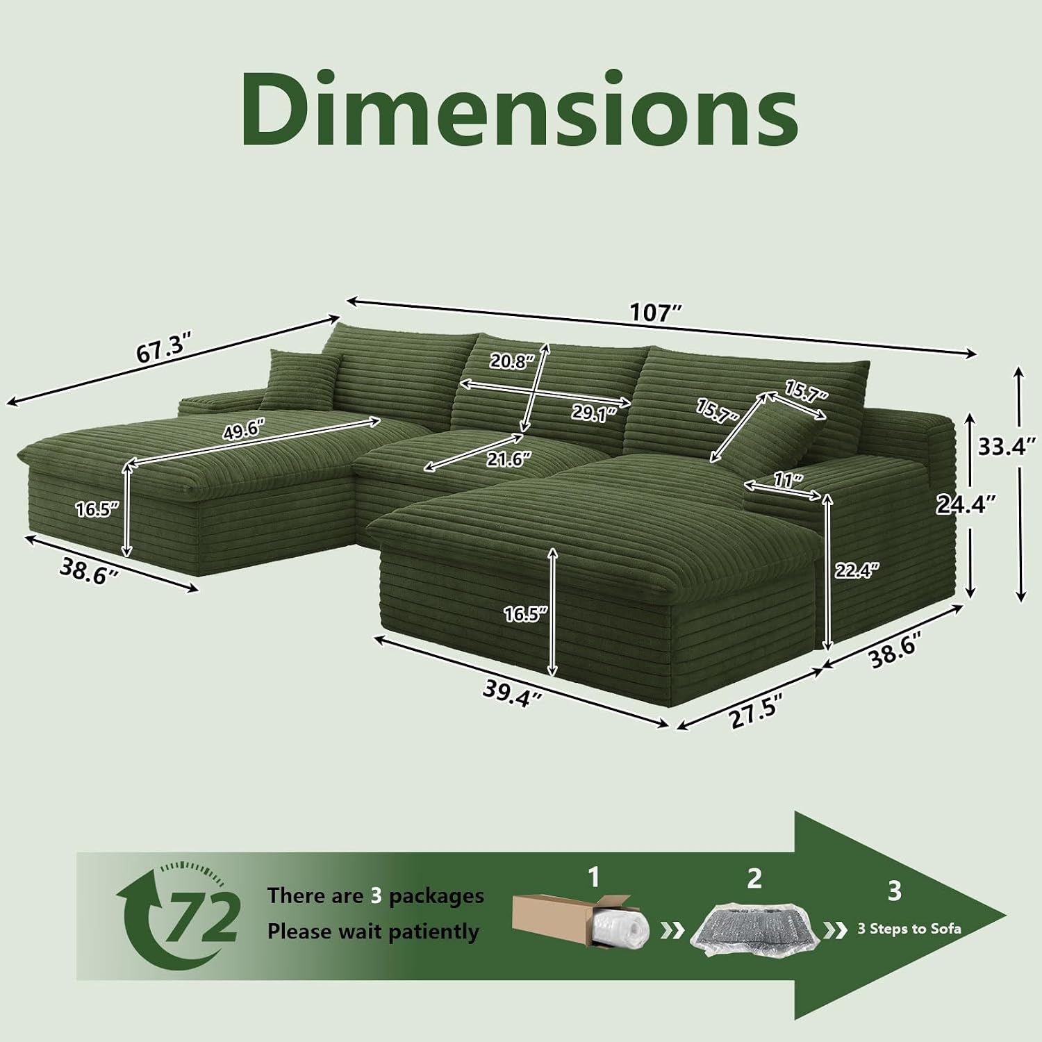 107" Cloud Couch Modular Sectional Sofa for Living Room, U-Shape Couch with Deep Seat, Modern Corduroy 3-Seater with Ottoman, No Assembly Required (Green,Left-Facing Chaise)