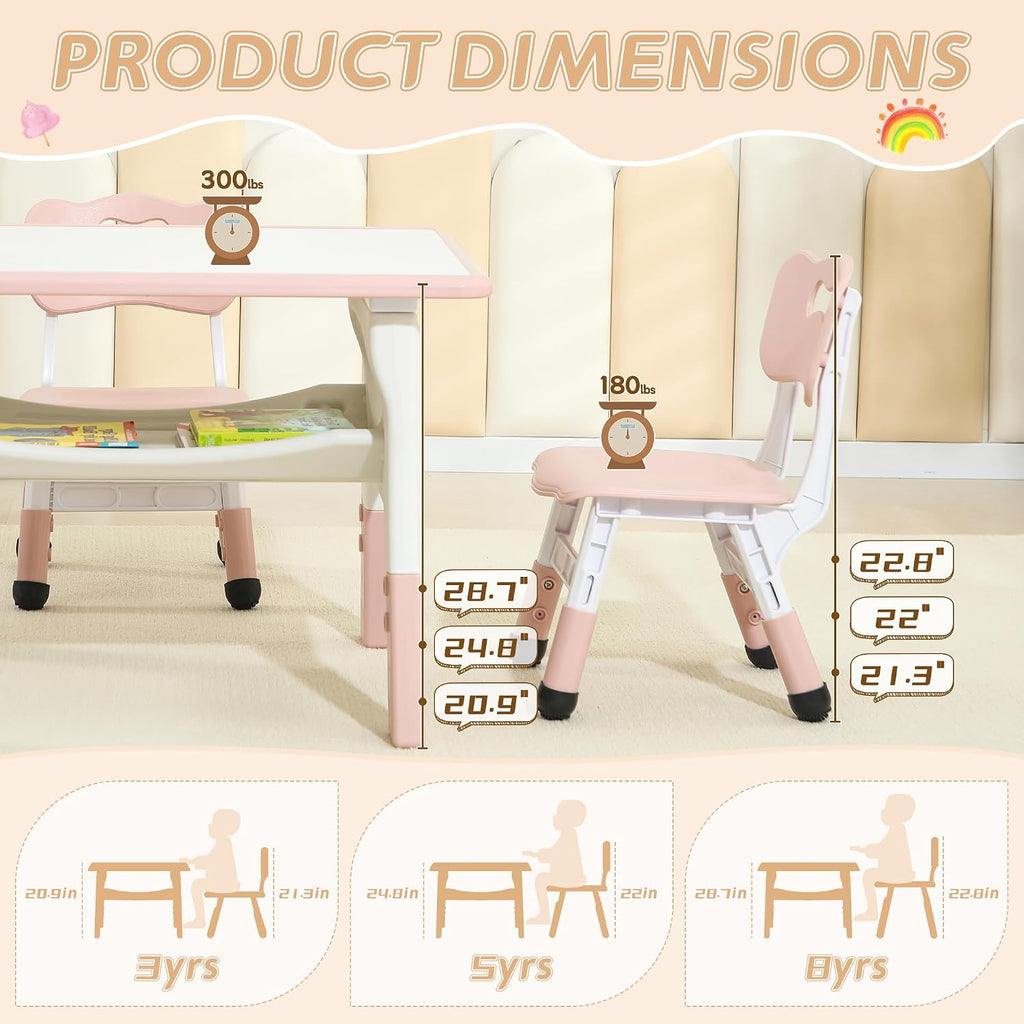 Kids Table and Chairs, Height Adjustable Toddler Table and 2 Chairs, Multi-Activity Kids Table Set with Graffiti Desktop, Built-in Storage, Ages 3-8