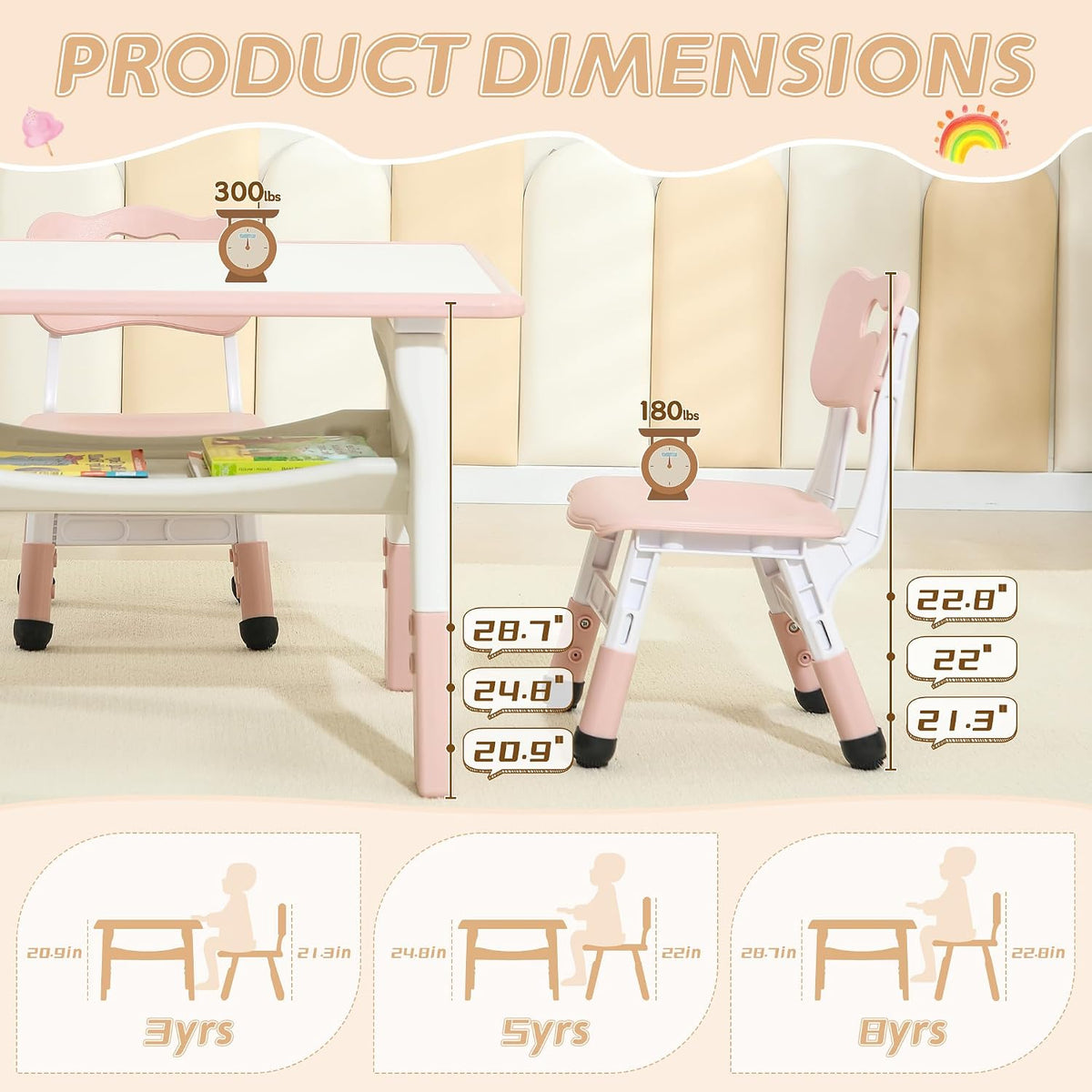 Kids Table and Chairs, Height Adjustable Toddler Table and 2 Chairs, Multi-Activity Kids Table Set with Graffiti Desktop, Built-in Storage, Ages 3-8