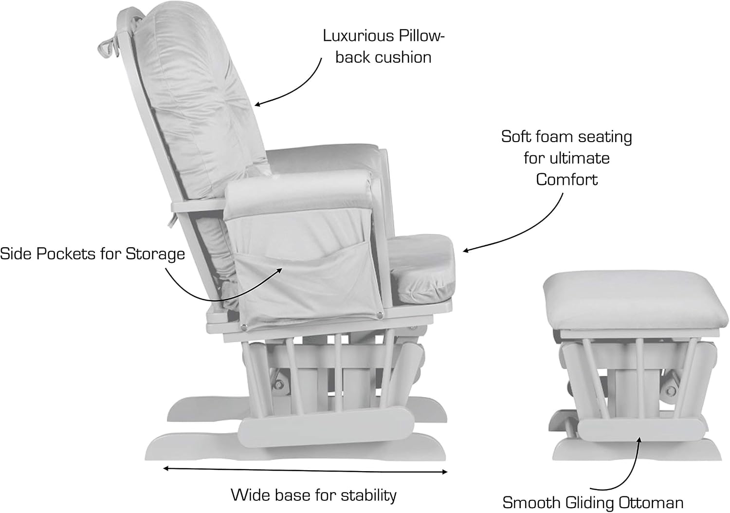 Suite Bebe Carson Glider and Ottoman in White Wood and Oyster Gray Fabric