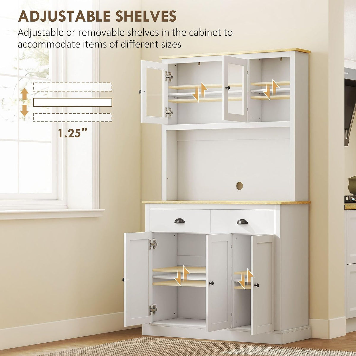 71inch Freestanding Pantry Cabinet — 39.25in Wide, White Finish with Yellow Oak Countertop, 4 Adjustable Shelves, 176lb Max Capacity