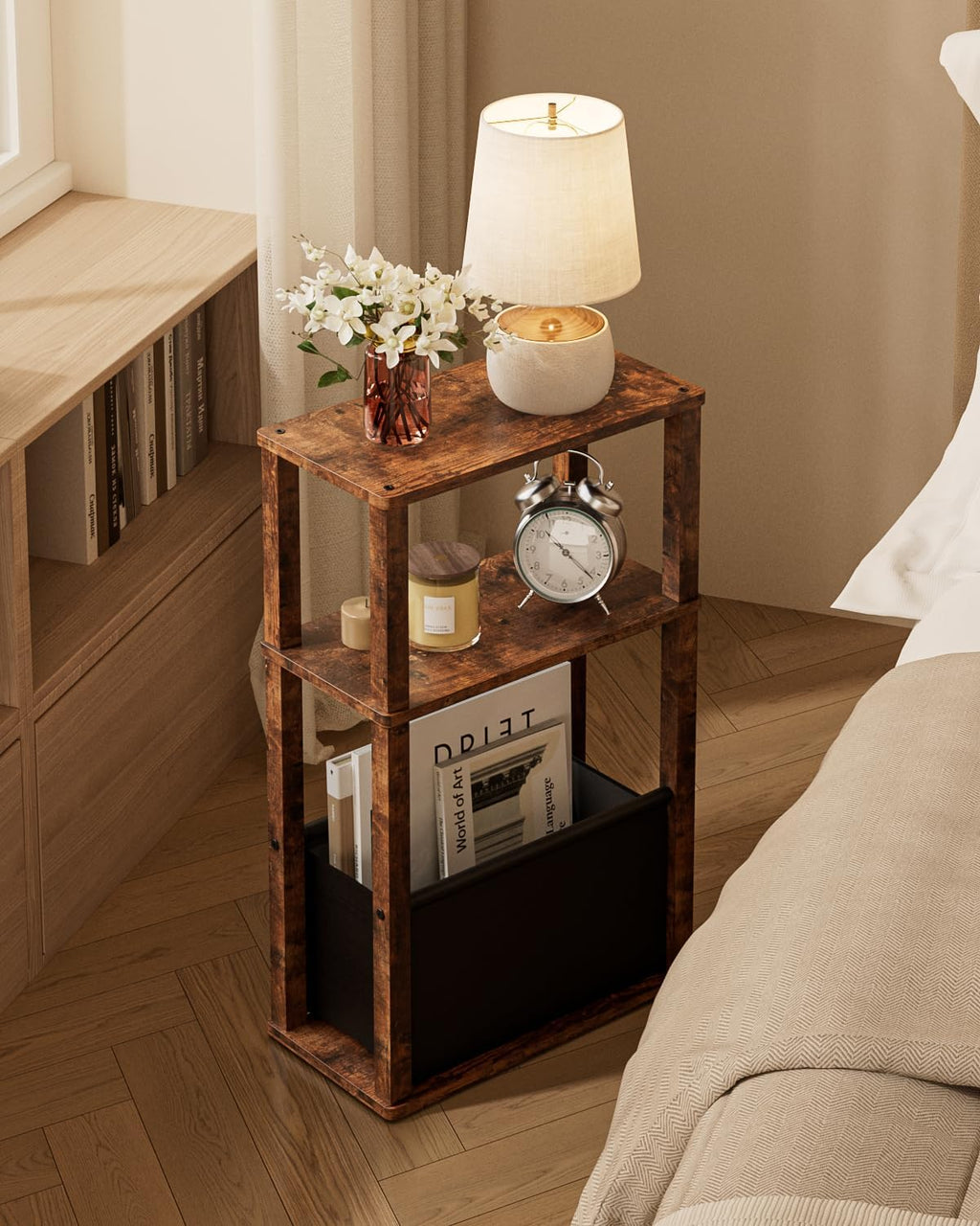 Narrow Side Table, 3-Tier Night Stand with Storage Bag, Skinny Nightstand for Small Spaces, Wooden Bedside Table for Living Room, Bedroom, Rustic Brown