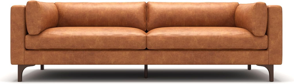 Valencia Mary Leather Couch 93" | Top Grain Nappa 11000 Leather Wide Seat, Solid Wood Frame, Plush Cushioning, Top-Stitched French Seams, Saddle Tan