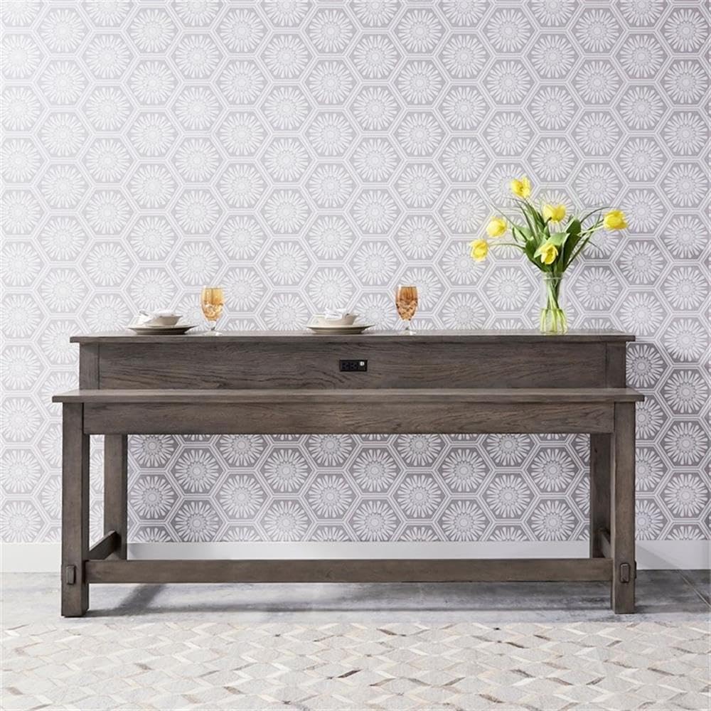 Pemberly Row 4-Piece Console Bar Table Set, Poplar Solid Wood, Knotty White Oak Veneer, Dusty Charcoal Finish, Bar-Height Table with 3 Stools, USB Ports, Rustic Style for Living Room or Small Spaces