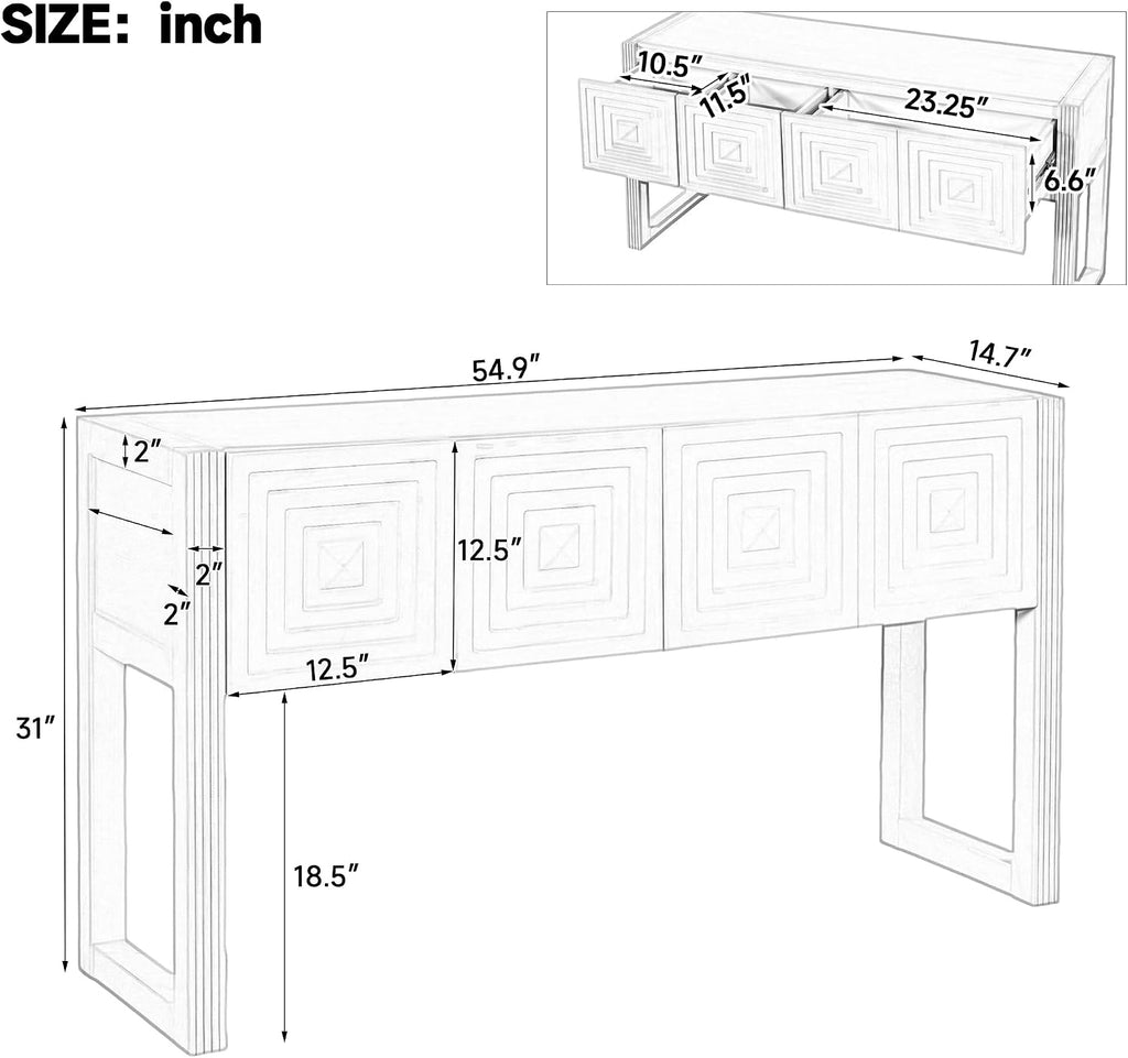 55 Inch Console Table with Geometric Carved Front | Pine wood and MDF build, 54.9 in sofa table, geometric carved front, soft-close storage, for entryway, living room, hallway