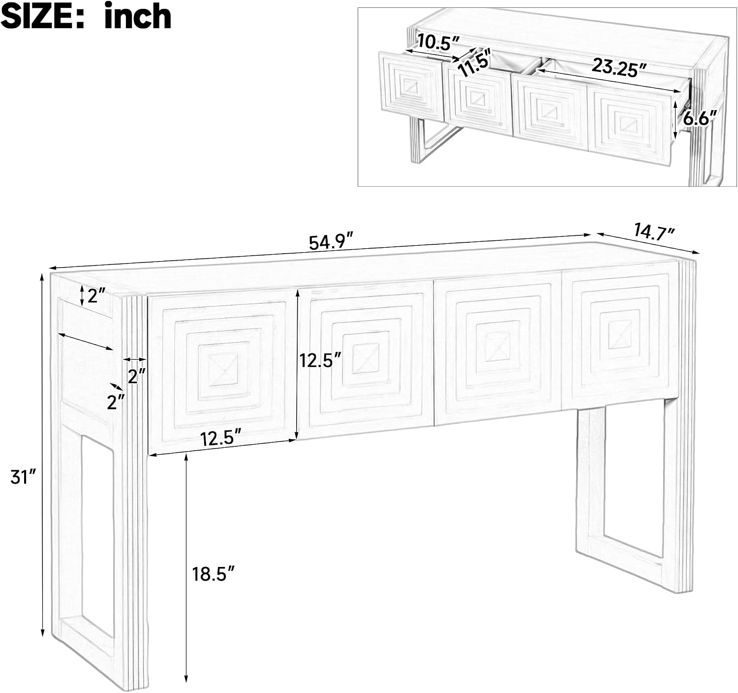 55 Inch Console Table with Geometric Carved Front | Pine wood and MDF build, 54.9 in sofa table, geometric carved front, soft-close storage, for entryway, living room, hallway