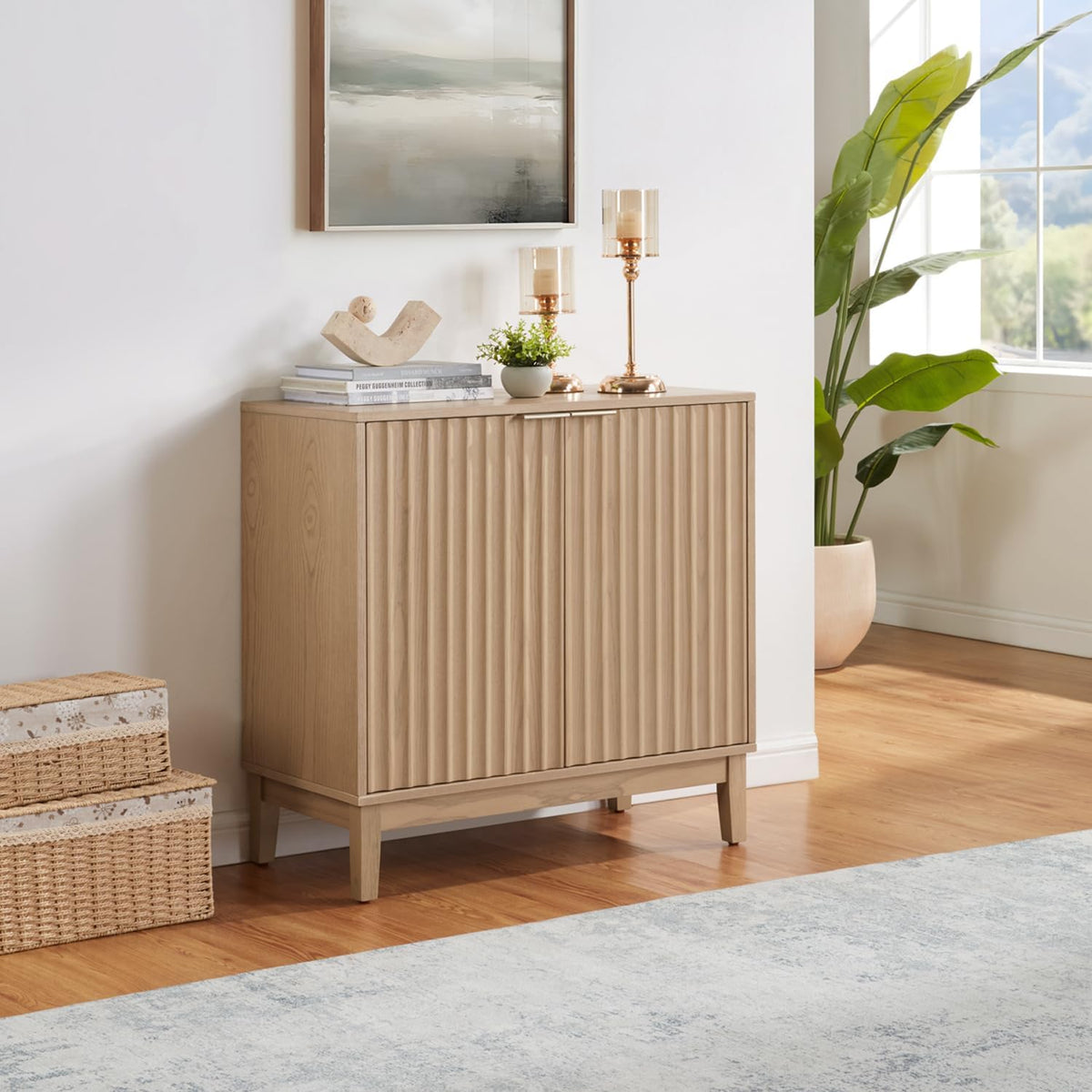 Modern Fluted Accent Credenza - Sideboard Buffet Cabinet with Doors & Adjustable Shelves, Multi-Functional Storage Cabinet for Living Room, Dining Room, Hallway & Entryway (Natural Ash)