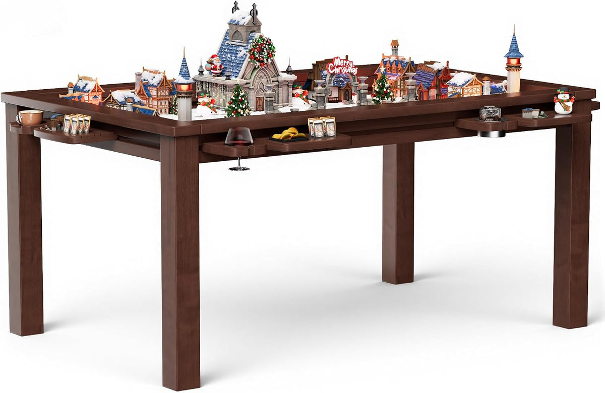 Convertible Board Game Table for 4-6 Players, Spacious Gaming Space w/Clean-Edge Table Top, Non-Slip Play Mat, Cup Holder & Game Tray, Dining Table w/Storage for DND, Poker Card, Family Dinner