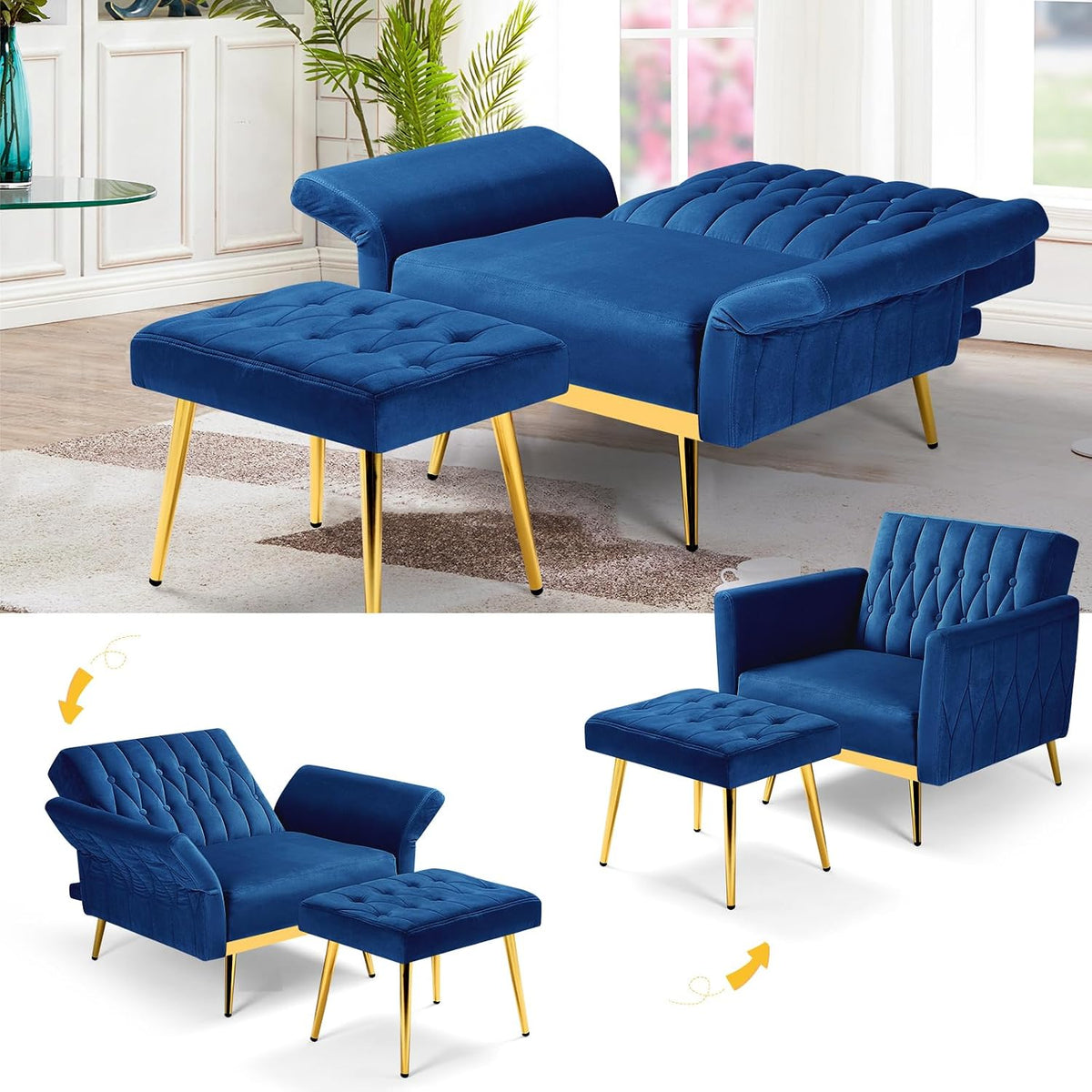 2 Pieces Velvet Sofa Set with Adjustable Armrest and Backrests, Blue | 70” Convertible Futon Sofa Bed & Mordern Accent Chair with Ottoman for Living Room, Bedroom