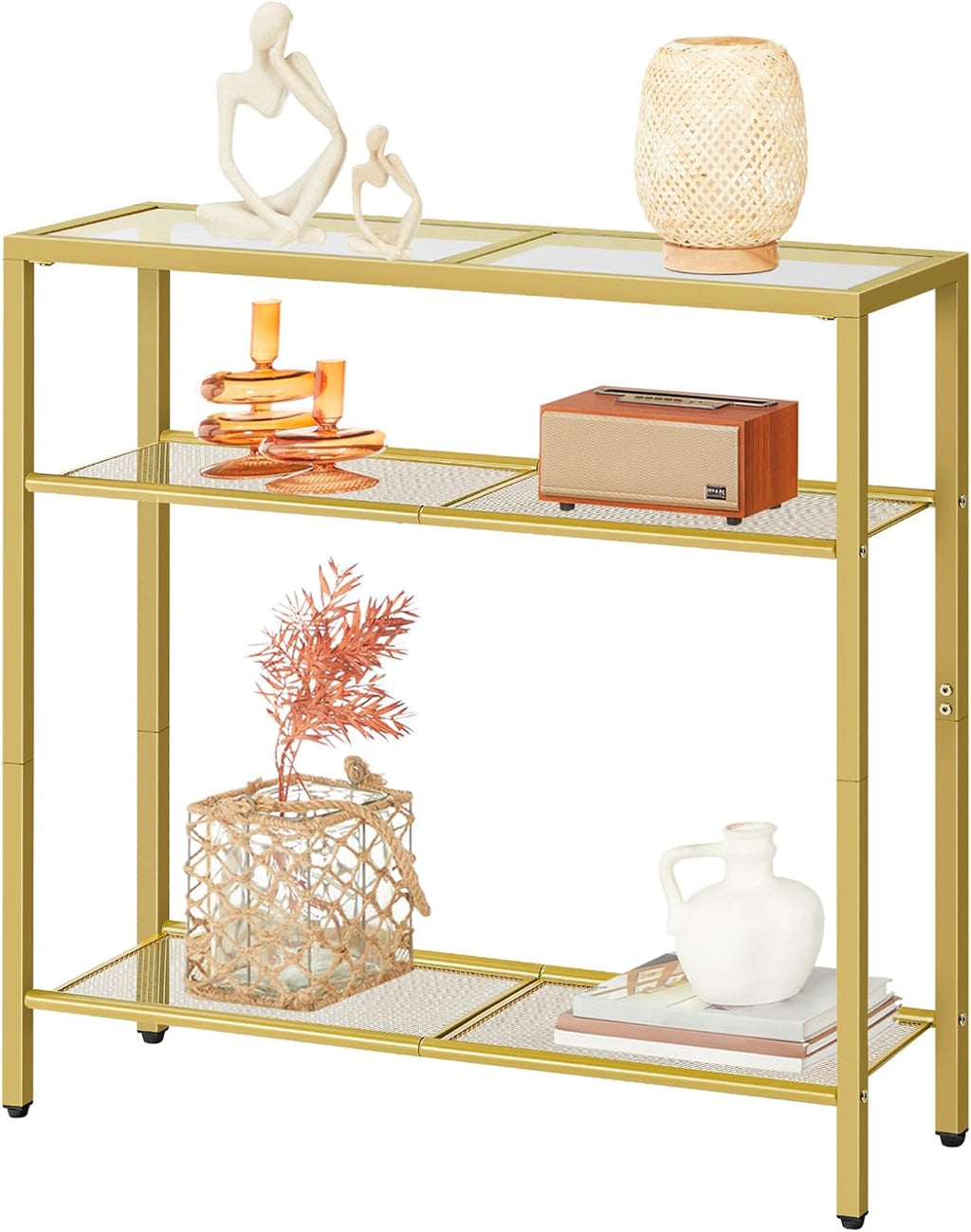 HOOBRO 29.5" Narrow Console Table, 3-Tier Tempered Glass Sofa Table | Modern Entryway Table, for Entrance, Living Room, Foyer, Hallway Bedroom, Gold GD21XG01G1