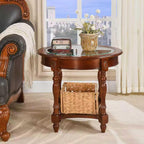 Vintage Solid Wood Oval End Table with Tempered Glass Top, 28"x24" Side Table with Carved Edge, Cherry Walnut Finish for Living Room
