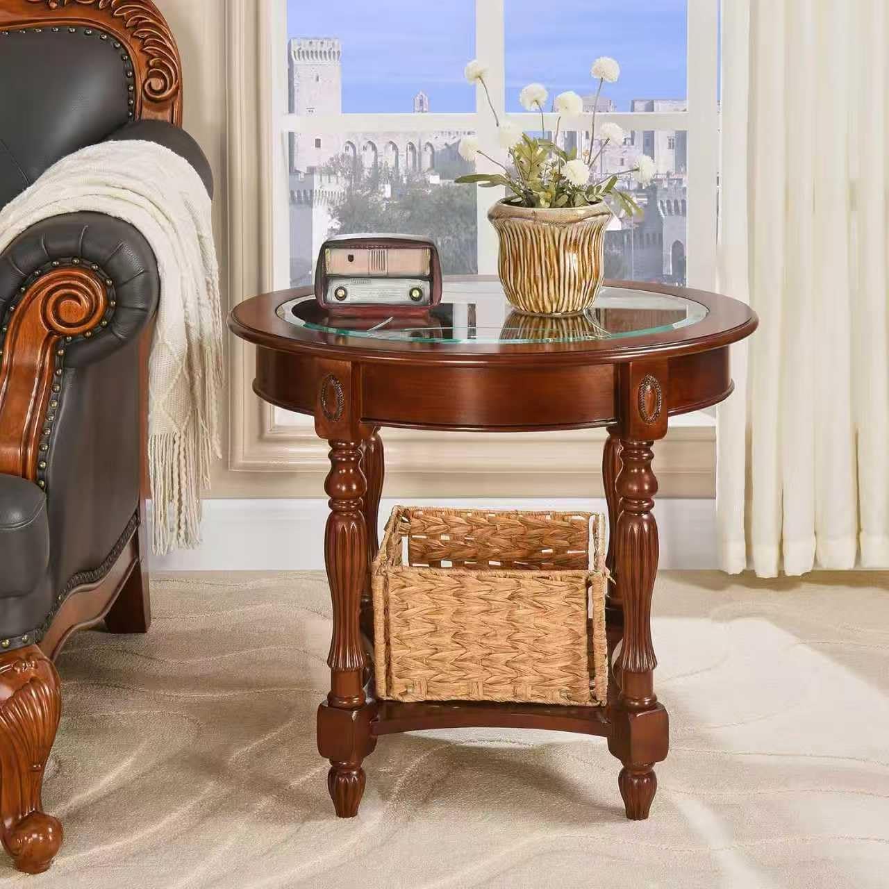 Vintage Solid Wood Oval End Table with Tempered Glass Top, 28"x24" Side Table with Carved Edge, Cherry Walnut Finish for Living Room
