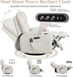 AHMED Dual Motor Power Swivel Rocker Recliner Chair, Faux Leather, Beige | Electric Glider Rocking Chairs, Massage & Heat, Cup Holders, LED Lights, USB A/USB C Ports