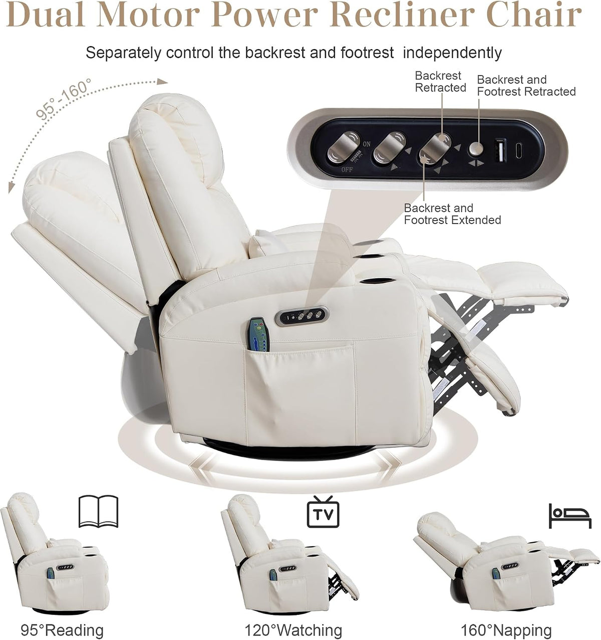 AHMED Dual Motor Power Swivel Rocker Recliner Chair, Faux Leather, Beige | Electric Glider Rocking Chairs, Massage & Heat, Cup Holders, LED Lights, USB A/USB C Ports