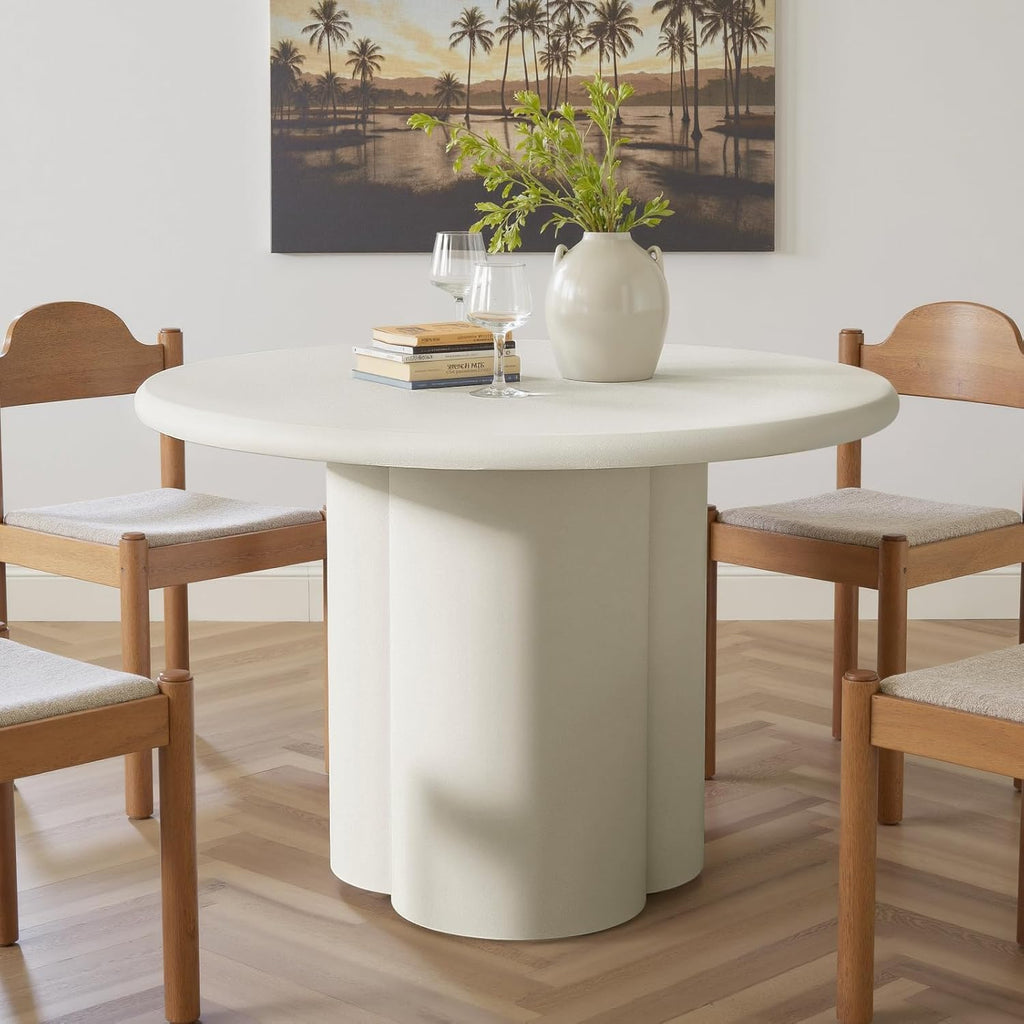 45-Inch Thick Concrete Dining Table for 4. Unique Cloud-Shaped Base, Sturdy Durable Easy-to-Clean Dinner Table. Modern White Round Dining Table Suitable for Dining Room Living Room Apartmen