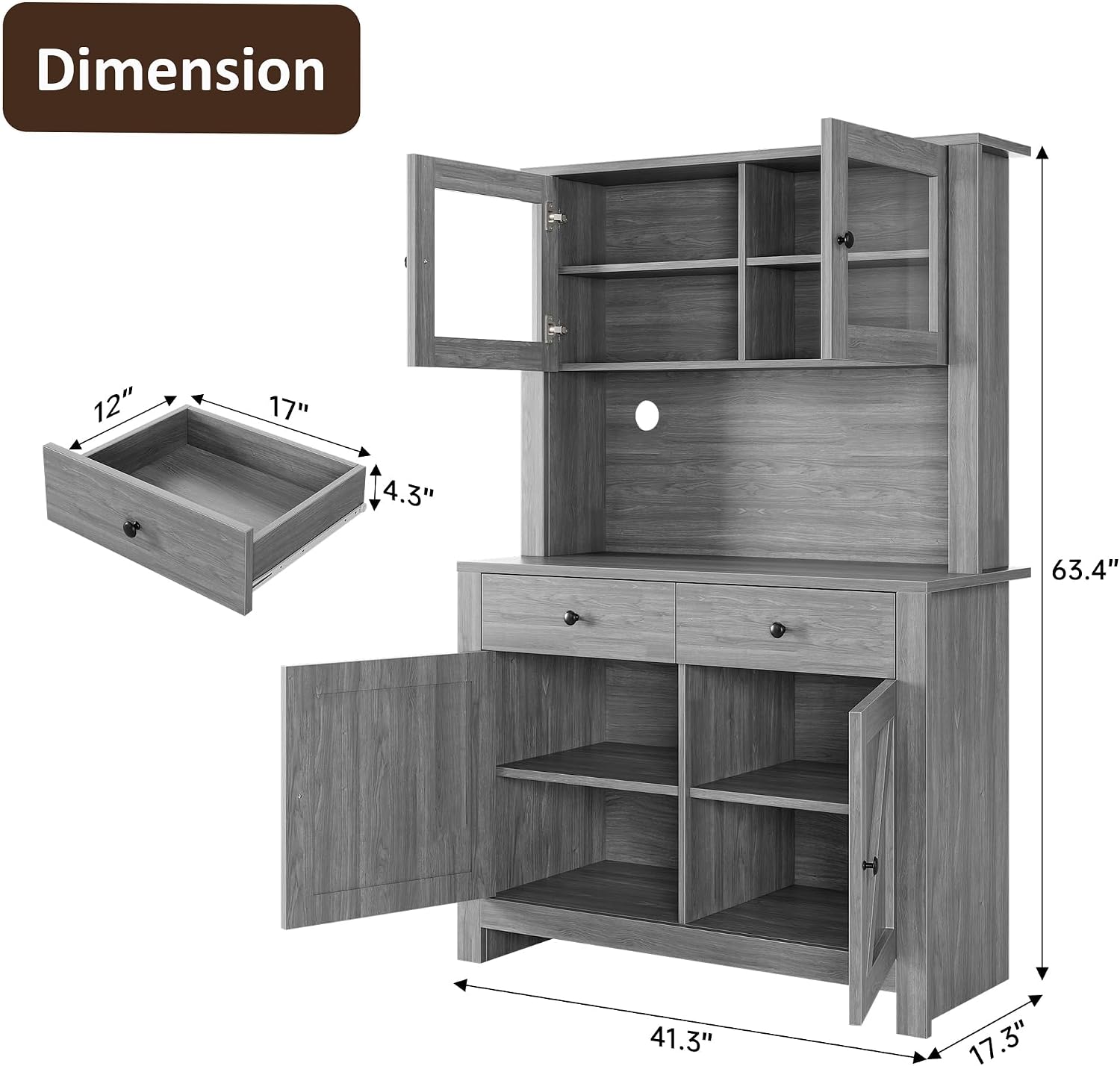 IDEALHOUSE 63" Kitchen Pantry Cabinet with Drawers, Hutch Cabinet with Storage, Microwave Stand, Adjustable Shelves, Freestanding Tall Pantry Storage for Dining Room, Living Room, Grey