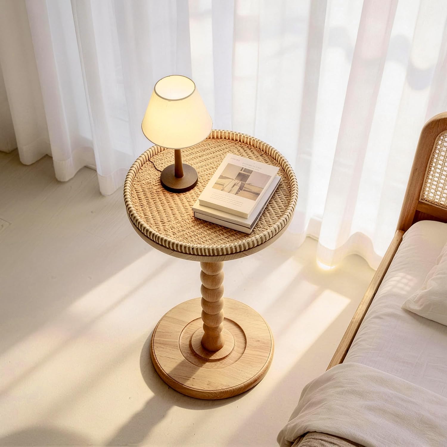 Rattan Round Side Table, Rubberwood‌ Small Drink Table for Small Spaces, Solid Wood Pedestal Coffee Tables, End Tables for Living Room, Sofa Couch, Bedroom, Corners, and Outdoor (Natural)