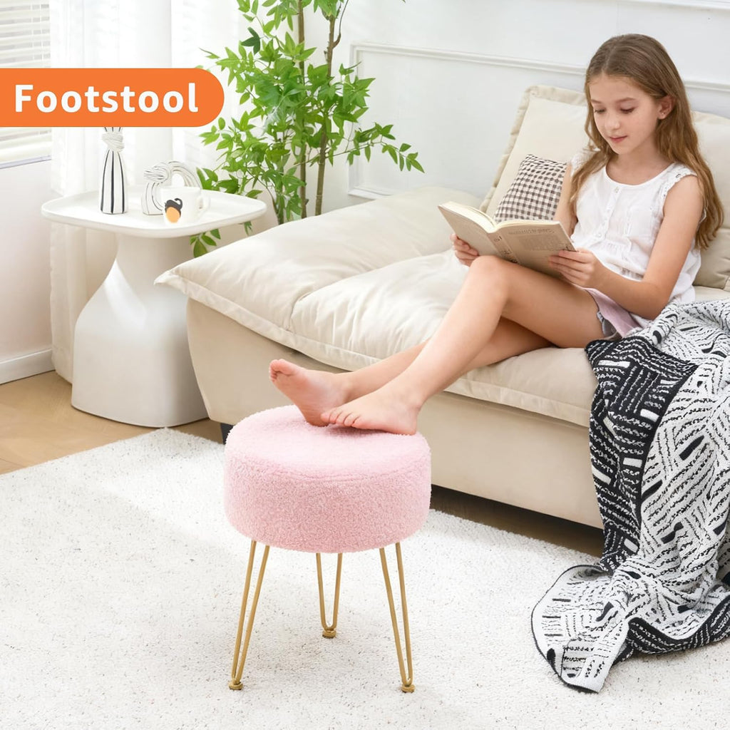 Vanity Stool, Teddy Velvet Ottoman Foot Stool, Dressing Table Seat with Metal Leg Vanity Chair for Bedroom, Living Room, Entryway, Offices