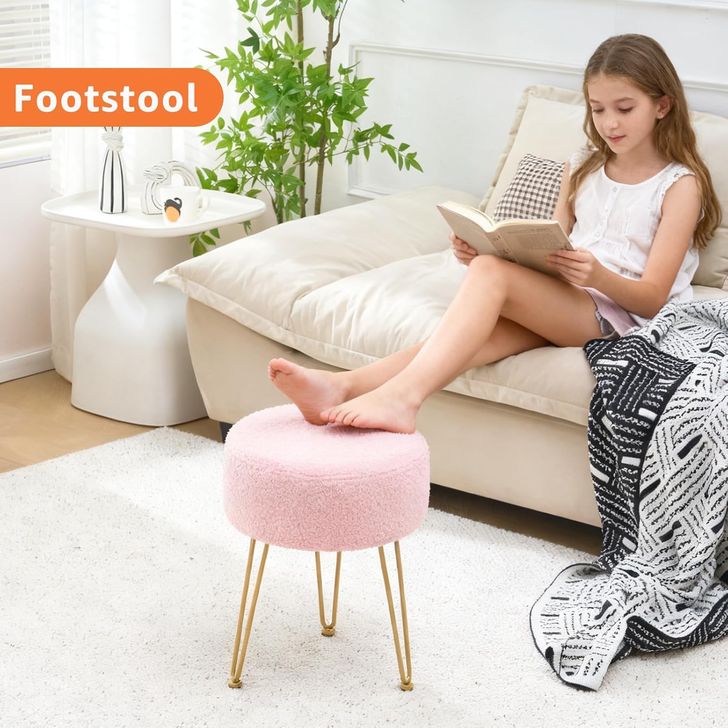 Vanity Stool, Teddy Velvet Ottoman Foot Stool, Dressing Table Seat with Metal Leg Vanity Chair for Bedroom, Living Room, Entryway, Offices