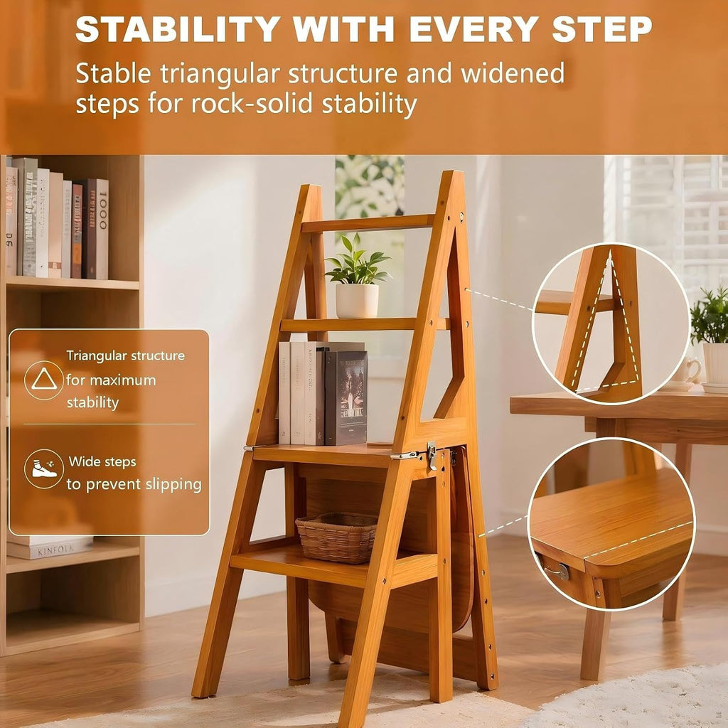 4 Tier Folding Step Ladder, 3-in-1 Wooden Folding Ladder Chair, Portable Multi-Function Step Stool, 198 lbs Capacity Indoor and Outdoor Display Rack Flower Rack,for Library,Home,Kitchen (Light Walnut)