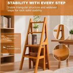 4 Tier Folding Step Ladder, 3-in-1 Wooden Folding Ladder Chair, Portable Multi-Function Step Stool, 198 lbs Capacity Indoor and Outdoor Display Rack Flower Rack,for Library,Home,Kitchen (Light Walnut)
