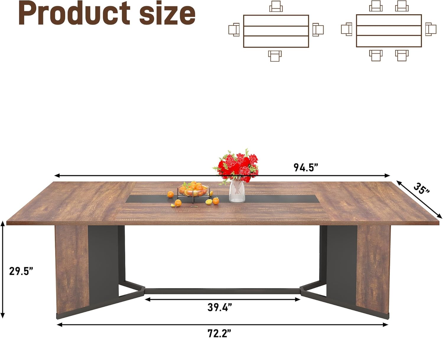 chartustriable Dining Table for 8-10 People,94" Large Modern Kitchen Table W/Built-in Table Runner Design,Brown&Black Industrial Rectangular Dinner Table,Waterproof Wood Table Sturdy Base,280lbs Load