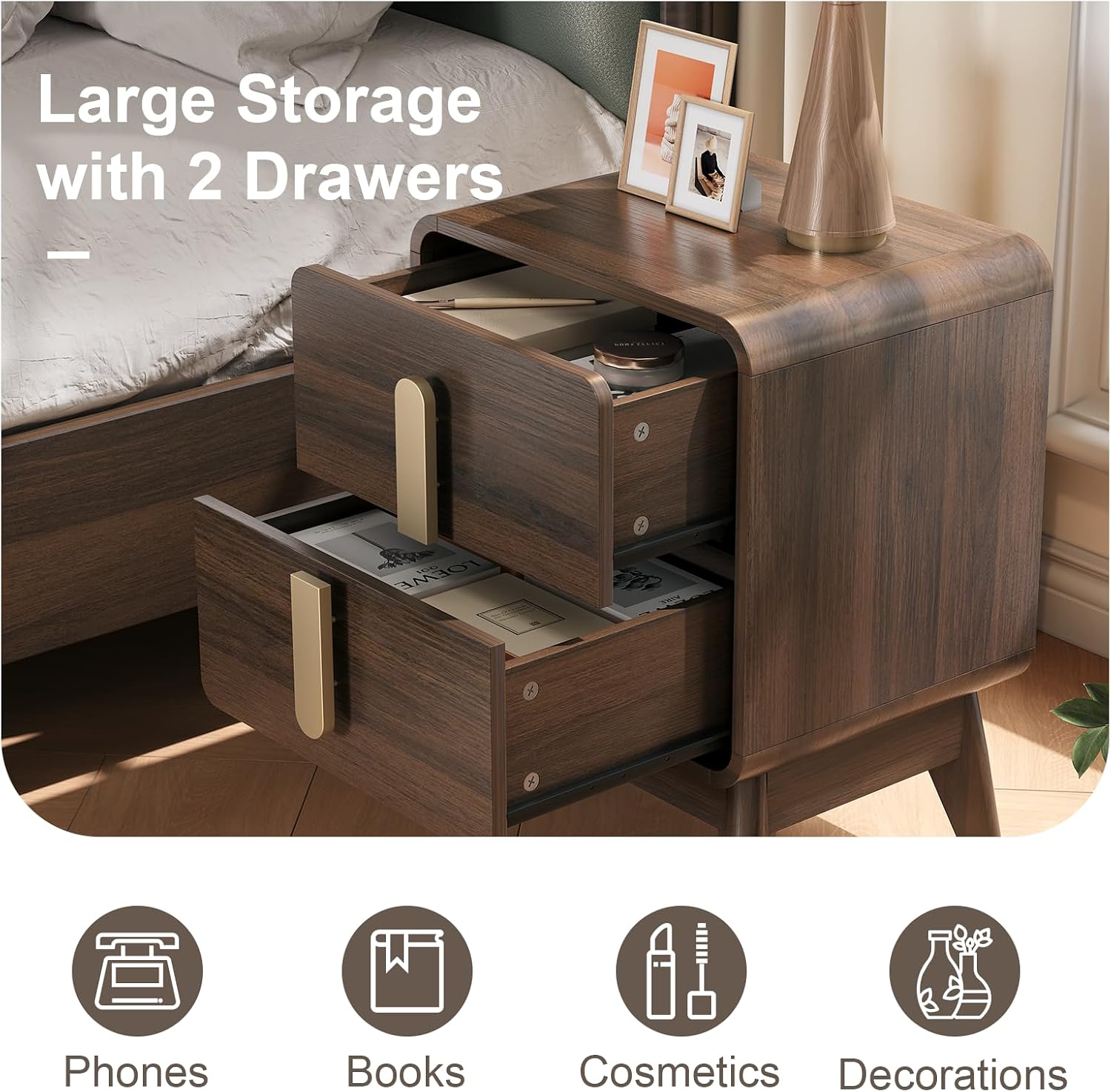 JOINICE Mid Century Modern Night Stand Set of 2 for Bedroom, Walnut