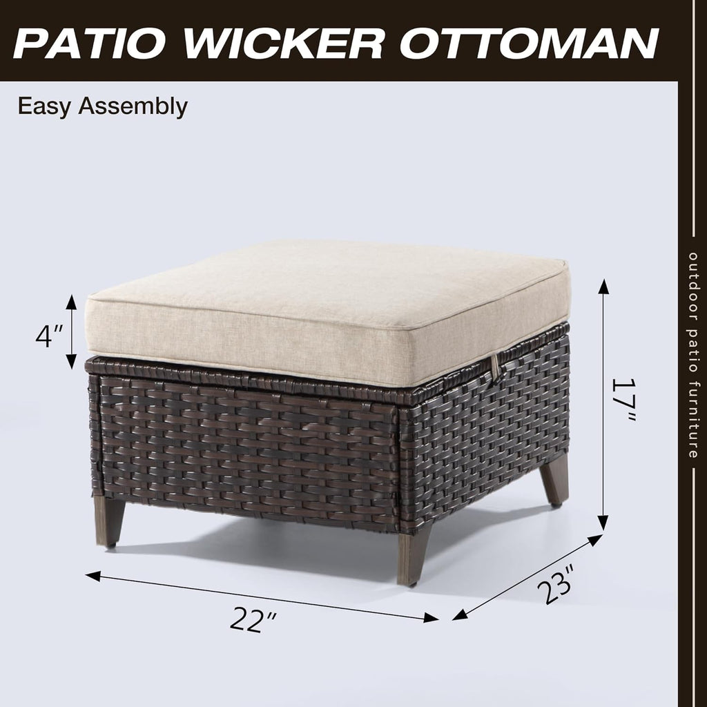 Joyside Patio Ottoman Set of 2, All Weather Outdoor Rattan Ottomans Patio Footstools with Removable Cushions for Garden Backyard Porch (Beige)