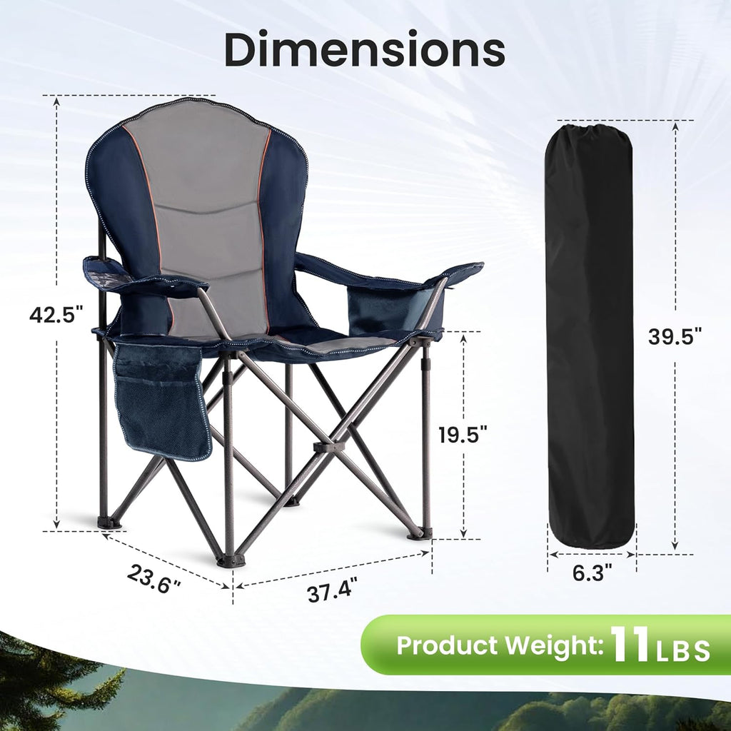 Oversized Camping Chair Heavy Duty- Portable Folding Chair, Cup Holder & Waterproof Phone Case for Adults, Beach, Hiking, Backyard (Blue & Gray, 2 PCS)