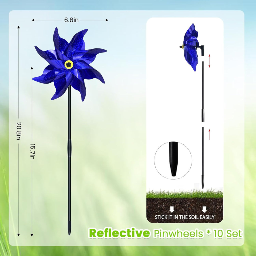 10 PCS Reflective Pinwheels for Yard and Garden Bird Devices Pre-Installed Sparkly Wind Spinner Deterrent to Scare Birds Away from Yard Patio Farm (Blue)