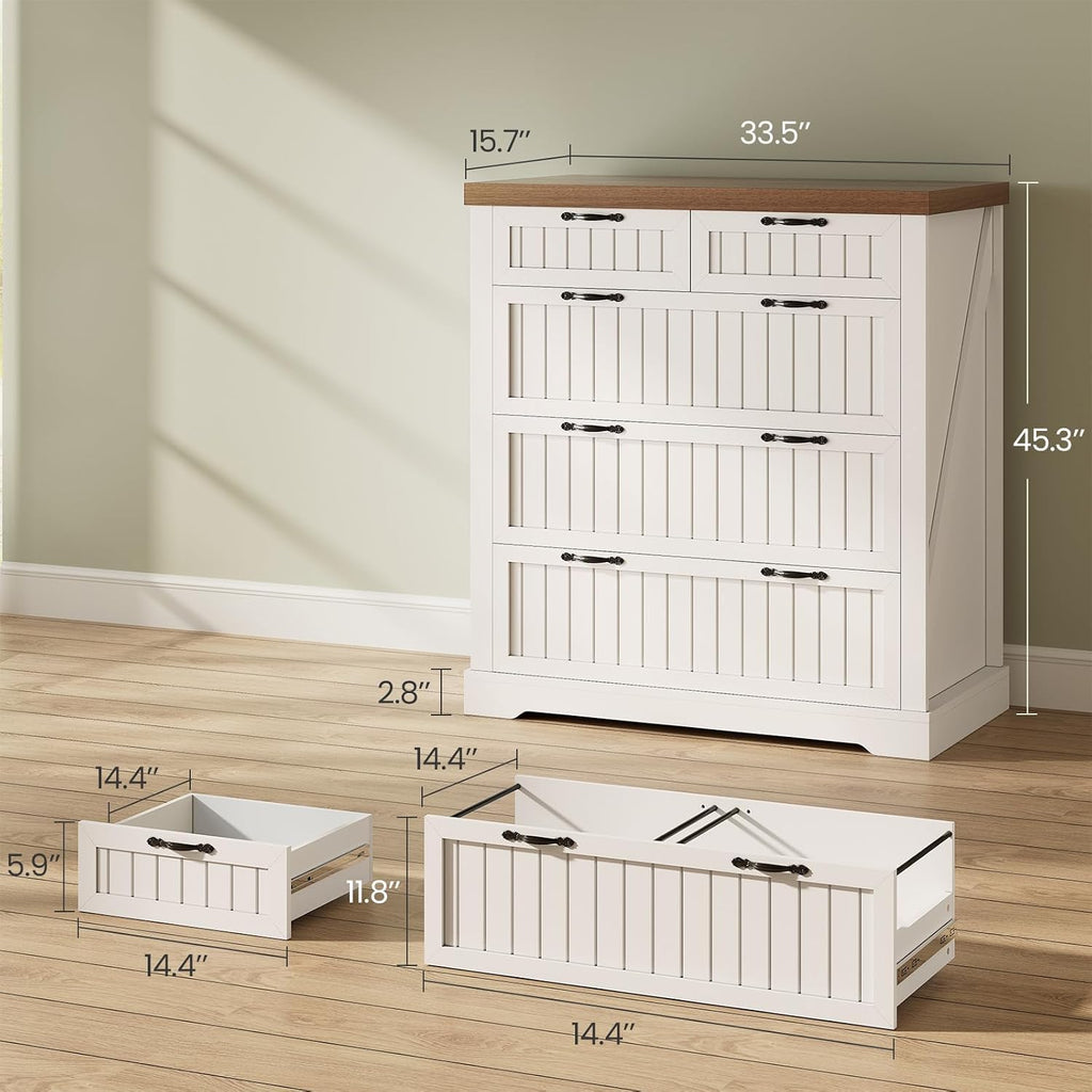 SEDETA Farmhouse File Cabinet with 5 Drawers, Filing Cabinet for Home Office, Wood Office File Cabinets for Letter/Legal/A4 Size, File Cabinets with Printer Stand, White and Brown