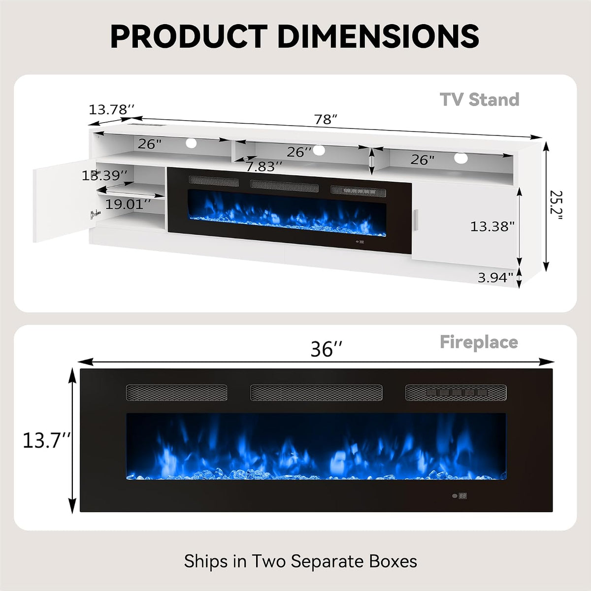 80" Fireplace TV Stand with Power Outlet, Electric Fireplace Entertainment Center with Storage Cabinets, Fits TVs up to 90", TV Console with LED Lights for Living Room, Office, White-Black