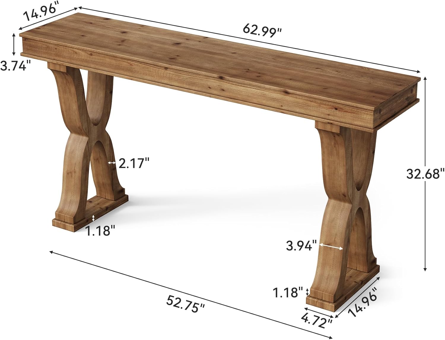 63-Inch Solid Wood Console Table, Farmhouse Entryway Table with X-Shaped Legs, Long Sofa Table for Living Room, Hallway, or Foyer, Easy Assembly, Anti-tip Kits