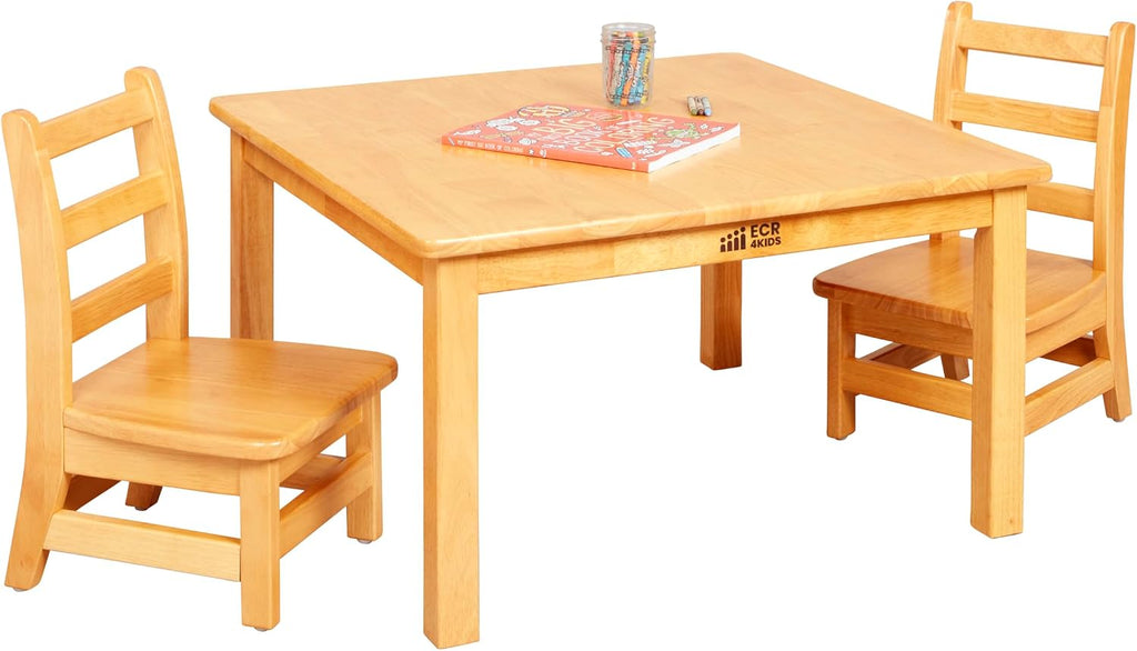ECR4Kids 30in x 30in Square Hardwood Table with 16in Legs and Two 8in Chairs, Kids Furniture, Honey, 3-Piece | Durable rubberwood, GREENGUARD Gold Certified, ANSI/BIFMA Compliant, 2-3 years, 74 lb seat capacity, classroom & home use