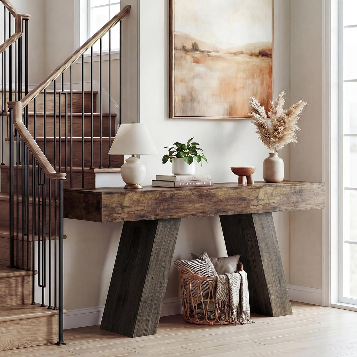 Kikihouse 63-Inch Long Console Table w/Storage Drawers, Wood Grain Sofa Table Behind Couch, for Entryway, Entrance, Hallway, Foyer, Living Room (Rustic Brown + Charcoal)