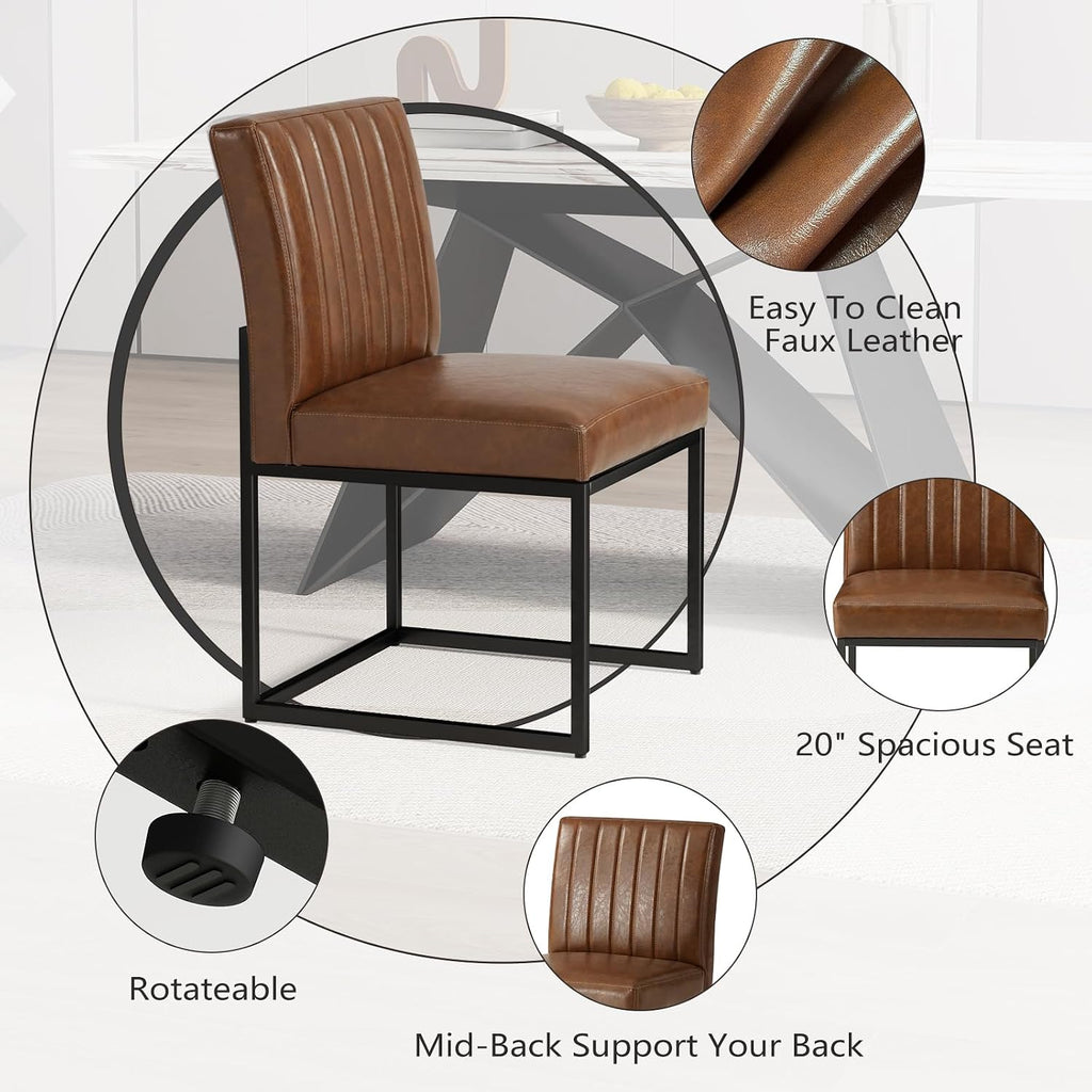 Kitchen Chairs Set of 2, Upholstered PU Leather Dining Chairs Metal Frame | Mid Century Modern Side Chairs Industrial Brown Accent Chair for Dining Room, Living Room, Waiting Room, Reception, Office