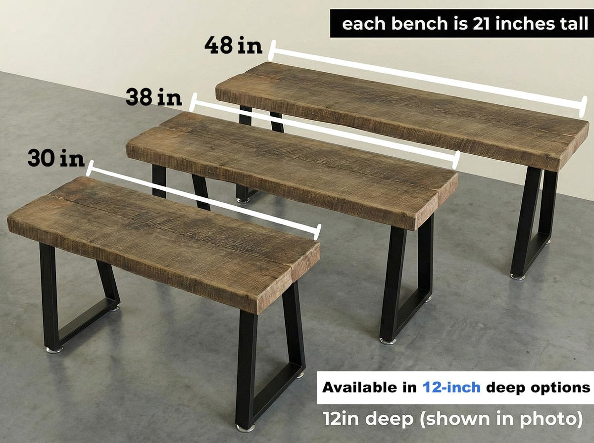 Rustic Revival Reclaimed Barnwood Bench, Solid Wood with Metal Base, Modern Farmhouse Style, 2-Inch Thick Top, for Entryway, Bedroom, Living Room (48x12)