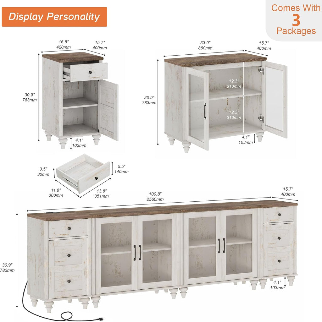WAMPAT Sideboard Buffet Cabinets with 4-Glass Door, Kitchen Storage Cabinets with Charging Station, Wood Coffee Bar Table with Adjustable Shelf & 2 Drawers for Dining Room, Living Room, Rustic White