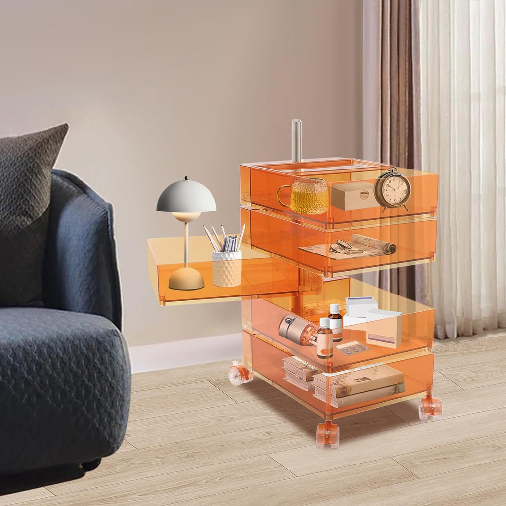 5 Tier Storage Cabinet, 360° Rotating Sofa Side Cabinet, Multi-Functional Rotating Side Table, Mobile Bedside Table, Portable Storage Organizer for Living Room Bedroom Office (Clear Orange)