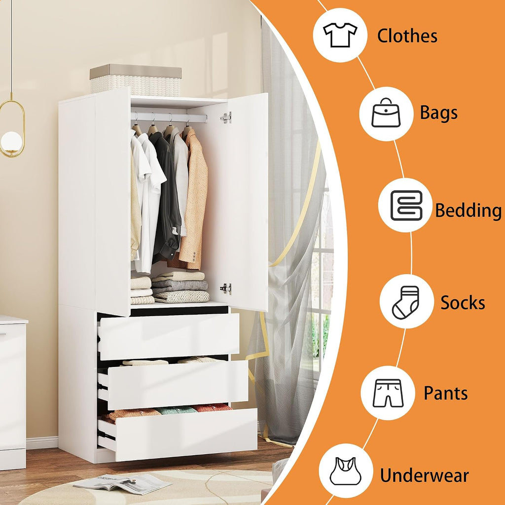Armoire Wardrobe Closet with Drawers：75" Large White Wardrobe Closet Cabinet with 6 Doors for Hanging Clothes, Modern Wooden Bedroom Armoires with 5 Drawers and Storage (A+B+C, 94.5")