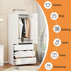 Armoire Wardrobe Closet with Drawers：75" Large White Wardrobe Closet Cabinet with 6 Doors for Hanging Clothes, Modern Wooden Bedroom Armoires with 5 Drawers and Storage (A+B+C, 94.5")