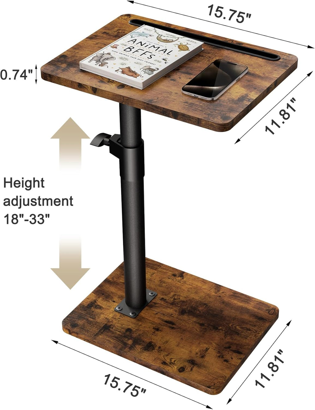 YUHFERA Sofa Armrest Tray Table for Couch - 360° Swivel Height Adjustable End for Small Spaces, Snack Side Table for Bed or Chair with Phone & Tablet Slot (Rustic,Standard)