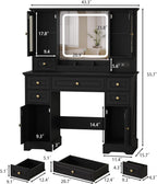 HUANLEGO Farmhouse Makeup Vanity Desk with Mirror and LED Lights, Black | Vanity Mirror with Lights Desk for Women, Makeup Table Set with RGB Cabinet and 6 Drawers, Charging Station, 3 Light Modes
