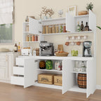 Bobve Large Kitchen Hutch Cabinet with Microwave Stand, Storage Cupboard Pantry with 3-Tier External Shelves and 3 Drawers, Ktichen Food Pantry with Open Countertop for Dining Room, White