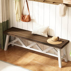 Wnutrees 54" Farmhouse Wood Bench, Rustic Solid Wood Entryway Bench Seat with Double X-Structure for Dining Area Living Room Hallway, Structural Stability, White